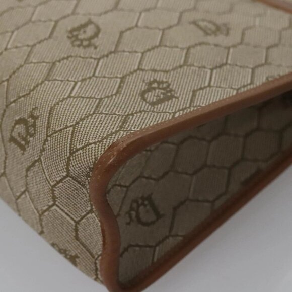 Christian Dior Honeycomb Canvas Clutch Bag PVC Leather Beige Gold Auth - Picture 4 of 16